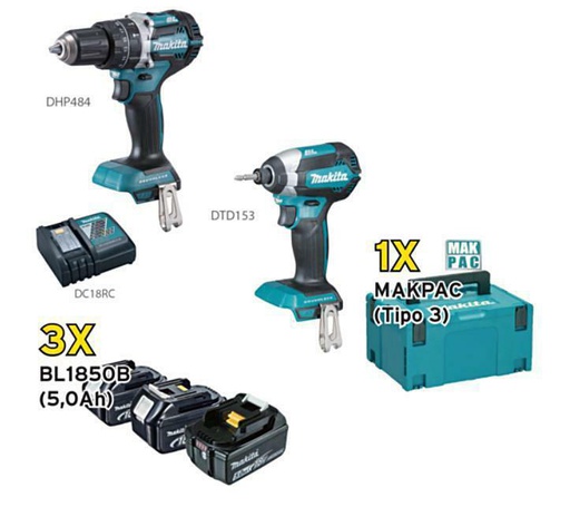 [MAK000226] MAKITA KIT DHP484+DTD153+MACPAC+3BATT.5 AH COD.DLX2180TJ1